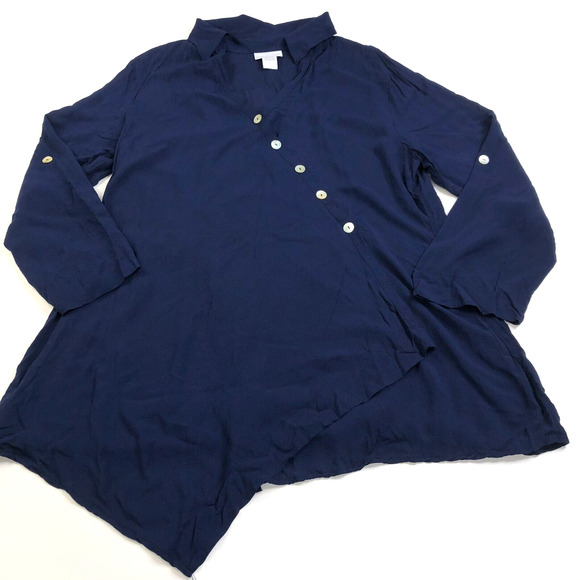 Soft Surroundings LG 100% Rayon Asymmetrical Tunic Button Top Blouse Navy Blue - Picture 1 of 15